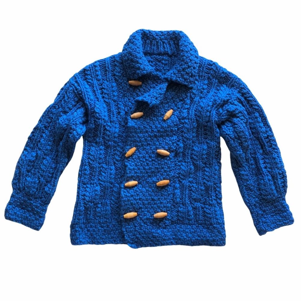 Vintage Handknit Sweater Jacket Cardigan Wood Btns